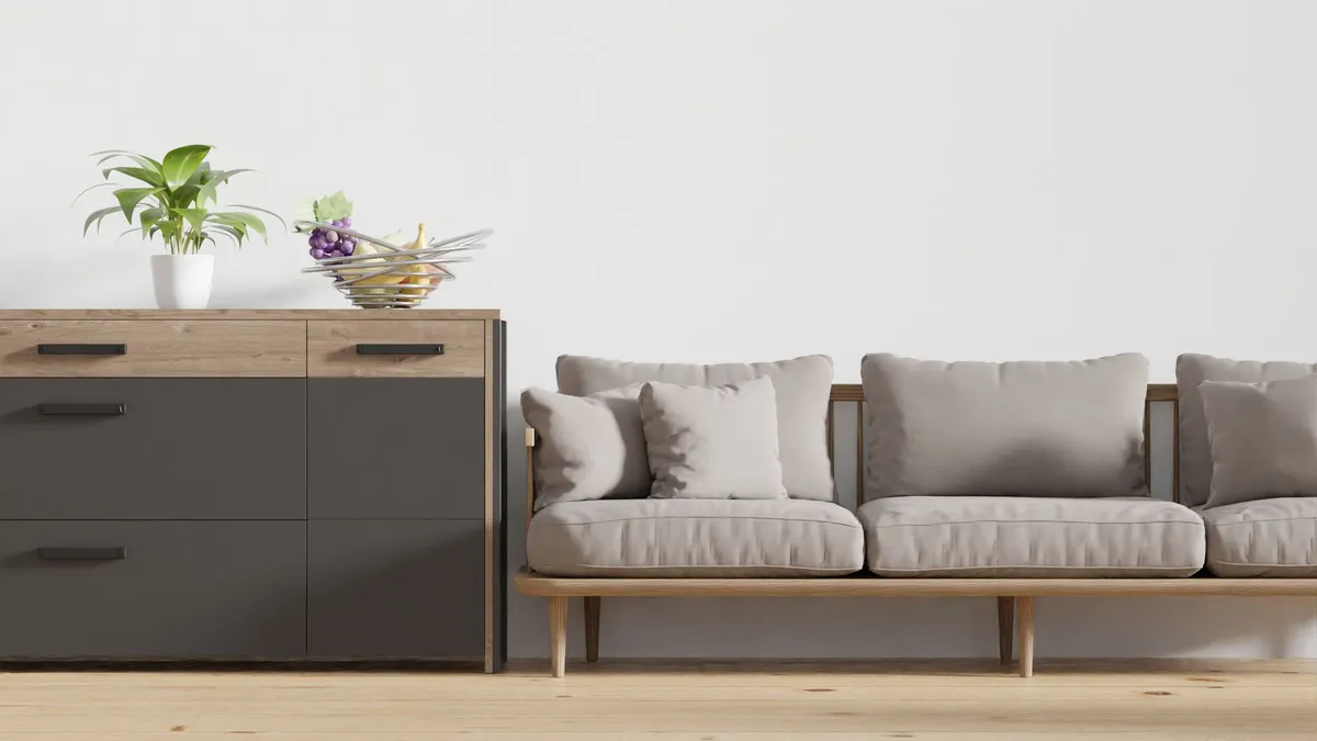 A stylish minimalist living room with a modern sofa and a wooden chest of drawers.